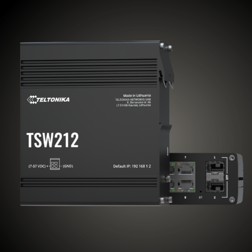 ront view of the Teltonika TSW212 managed industrial Ethernet switch showing 8× Gigabit RJ45 and 2× SFP ports for high-speed fibre and copper connectivity in automation and power systems.